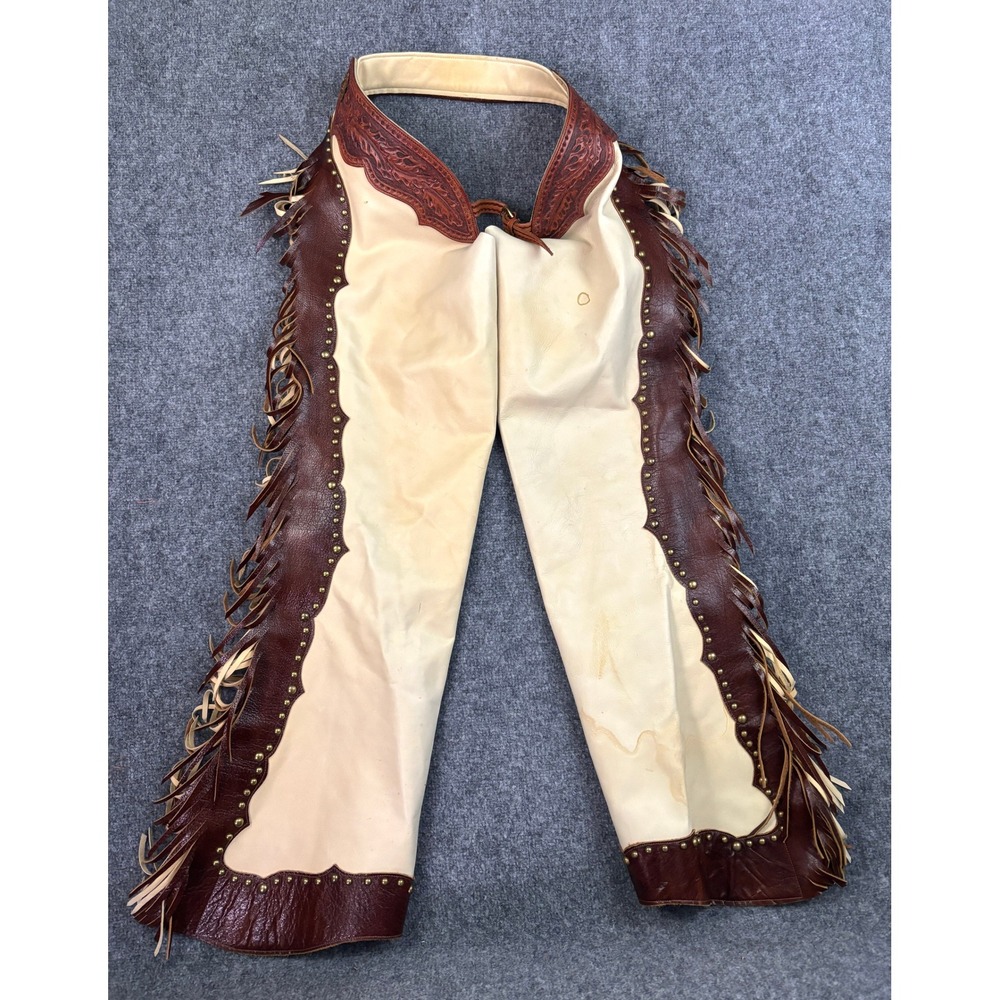 Leather Legends Montana Leather Chaps Fringe Tooled Concho Western Rodeo - Picture 2 of 14
